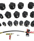 DPTOOL 19-piece turbo leakage tester kit with black adapters, hose and pressure gauge