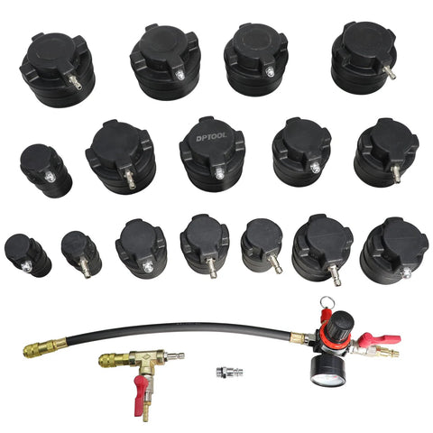 DPTOOL 19-piece turbo leakage tester kit with black adapters, hose and pressure gauge