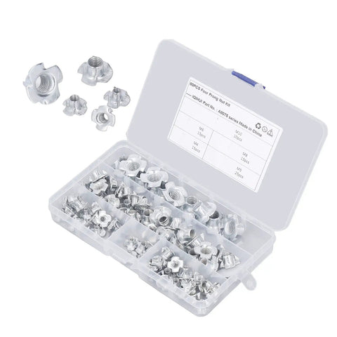 80 Piece T Nut Hardware Set for Wood and Metal, 4 Pronged Tee Nuts, Carbon Steel With White Zinc Plating in case