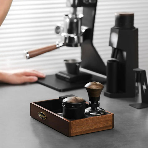 58.35mm Espresso Tamper With Spring Loaded Return And Adjustable Depth Pro Grade Stainless Steel Ripple Base in wooden tray