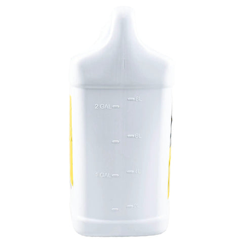 Back view of a Hy Gard 2.5 Gallon Twin Pack Hydraulic And Transmission Oil bottle, marked in gallons and liters, white plastic container.