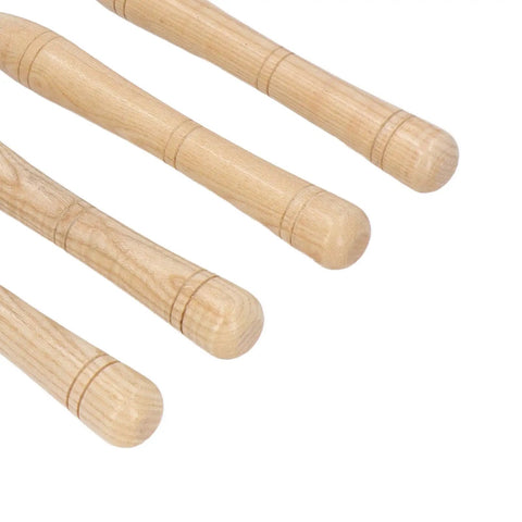 Close-up of wooden handles from the Premium 4 Piece Lathe Turning Tool Set For Woodworking Crafters Made From Heavy Duty Hard Alloy Steel.