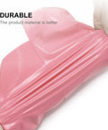 Close-up of a pink waterproof self sealing mailing bag made from sturdy PE plastic being stretched, showing durability.