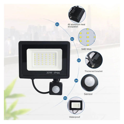 JUDYSSY Pir Motion Sensor Led Flood Light Waterproof Spotlights 30W with adjustable sensor and aluminum body for outdoor use.