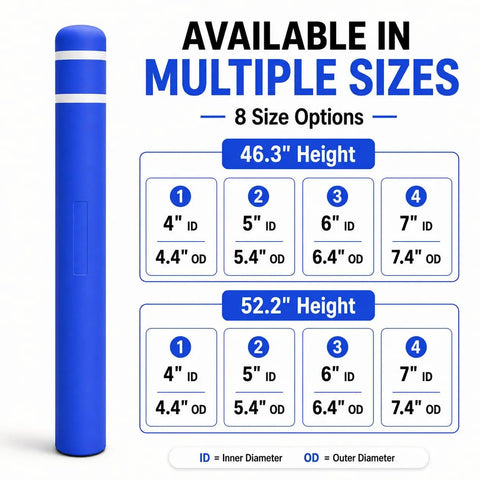 Heavy Duty Blue Safety Bollard Cover 6 Inch Diameter X 46 Inch displayed with size options and dimensions.
