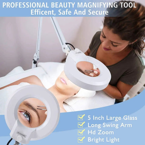 Magnifying Floor Lamp With Rolling Base And Five Wheels Lens 2200 Lumens LED Dimmable Light used by esthetician over client