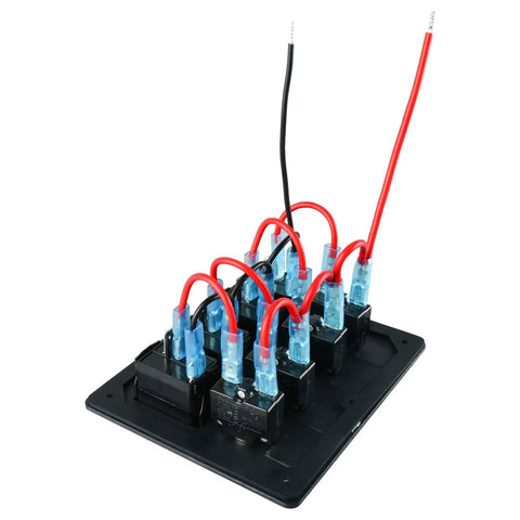 Rear view of 4 Gang Aluminum LED Rocker Switch Panel with Circuit Breaker, showing pre-wired connections.