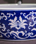 Hand painted blue and white floral design on Top Shelf Vintage Round Ceramic Vessel Sink For Bathroom Vanity Above Counter Durable Porcelain Wash Basin With High Gloss Premium Glaze Drop Dead Gorgeous Bathroom Upgrade.