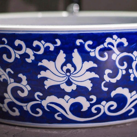 Hand painted blue and white floral design on Top Shelf Vintage Round Ceramic Vessel Sink For Bathroom Vanity Above Counter Durable Porcelain Wash Basin With High Gloss Premium Glaze Drop Dead Gorgeous Bathroom Upgrade.