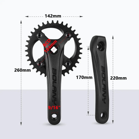 Mountain Bike Crankset 1X Square Taper 104 BCD 170mm with 32T 34T 36T options shown with dimensions and black durable arms.
