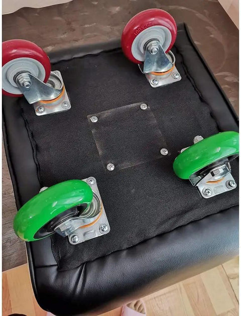 Heavy Duty Swivel Caster Wheels Four Pack Polyurethane Trolley Casters with red and green wheels on furniture chair base.