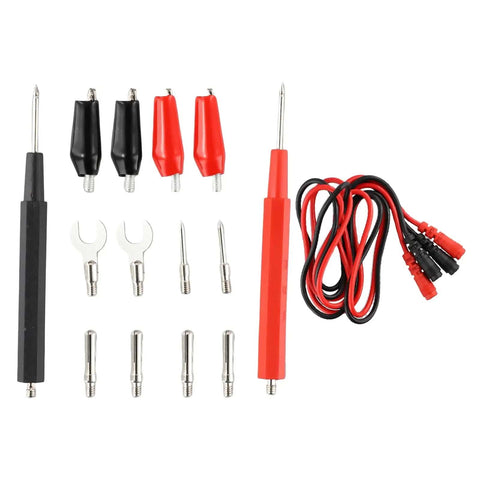 Digital Multimeter Probe Kit With 16 Piece Needle Tip Probes Insulated Clips And Test Pens For 4mm Meters In Card Slot 1000V Rated Versatile Measurement Accessory Kit displaying all components including probes, clips, and cables.