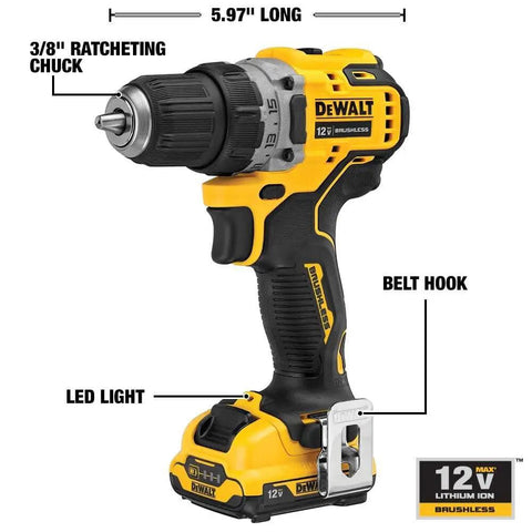 Compact 12V Max Brushless Drill Driver Kit With Three Eighths Inch Chuck Built For Real World DIY Boss Level Projects Variable Speed Longer Runtime Power Boost With 2.0Ah Battery