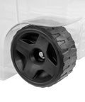 Close-up of wheel on 4 Pack Modular Stacker Box Set of Durable Clear Plastic Storage Bins with Latching Lids 160 Quart Capacity