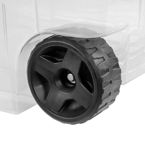Close-up of wheel on 4 Pack Modular Stacker Box Set of Durable Clear Plastic Storage Bins with Latching Lids 160 Quart Capacity