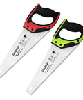 Pro Grade 14 Inch Hardpoint Handsaw With Cushioned Non Slip Grip Truly Razor Sharp Teeth For Slicing Lumber Drywall Pipe And Trim Smooth Swinging Action Jobsite Staple Contractor Favorite Tool, featuring red and green handles.