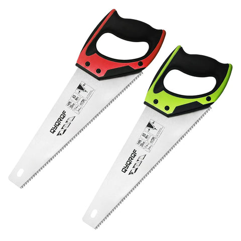 Pro Grade 14 Inch Hardpoint Handsaw With Cushioned Non Slip Grip Truly Razor Sharp Teeth For Slicing Lumber Drywall Pipe And Trim Smooth Swinging Action Jobsite Staple Contractor Favorite Tool, featuring red and green handles.