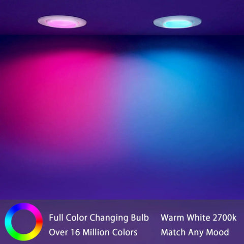 WiFi RGB LED Bulbs BR30 65W Equivalent Full Color Flood Light Bulbs displaying multicolor lighting in a room.