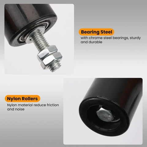 Two Pack Gate Roller Guide Kit With 6 Inch Universal Heavy Duty Sliding Gate Rollers And Nylon Wheel Hardware Set Includes 2 Sets Of Rollers And Installation Screws For Easy Durable Gate Sliding System close-up of nylon rollers and steel bearings.