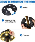 Warm White Cordless Umbrella Light With 3 Brightness Modes, 28 LEDs Up To 200 Lumens, easy clip-on installation steps