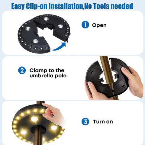 Warm White Cordless Umbrella Light With 3 Brightness Modes, 28 LEDs Up To 200 Lumens, easy clip-on installation steps