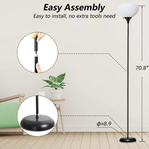 Industrial Metal Tall LED Floor Lamp With Drop-Resistant White Lampshade, Rotary Switch in living room setting, 70.8 inches height