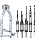 Knockout Square Hole Drill Bit Set Covers Quarter To Five Eighth Inch Markings Plus Rugged Chuck Adapter for precise cutting.