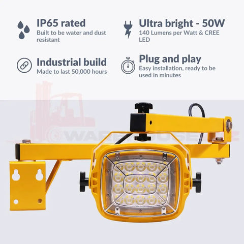 Job Site Beast Heavy Duty 50W Led Loading Dock Light With 40 Inch Folding Arm And Stainless Steel Cage IK10 Wet Rated Industrial Fixture For Warehouses And Hangars Safety Yellow