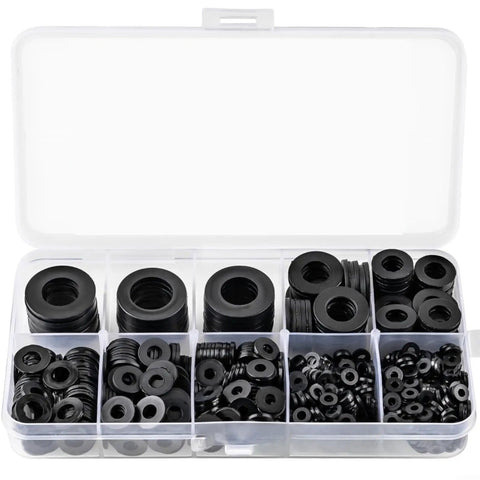 All In One Nylon Flat Washer Kit 900 Pcs Black Plastic Gaskets M2 To M10 For Electrical Insulation And Heavy Duty Fastening In Automotive Machinery And Home Improvement DIY Projects, assorted black nylon washers in organizer case
