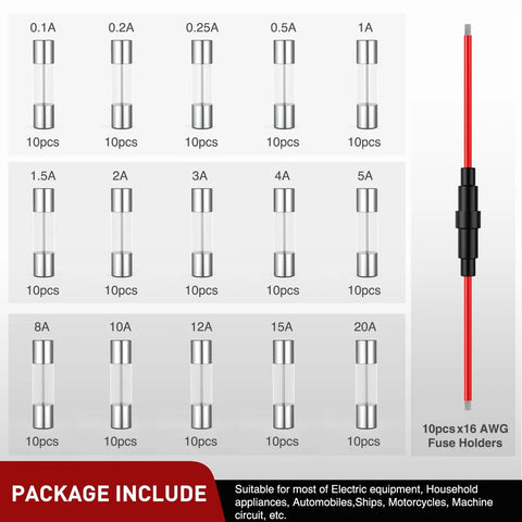 150 Pcs 5X20MM Fast Blow Glass Fuses Plus 10 Pcs 16AWG Inline Fuse Holders For Daily Driver Auto Electrical Repair display of fuses in various amperages.