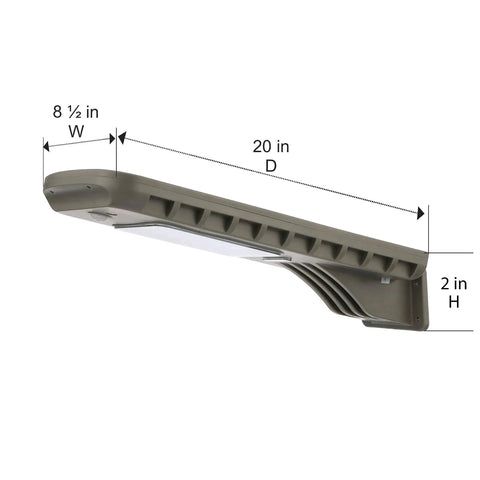 Side view of Powerful 12-Watt Waterproof Outdoor Solar Security Light With PIR Motion Sensor And Timer, dimensions shown.