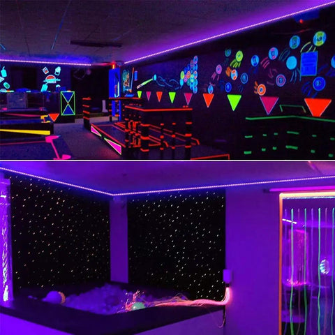 Lit 50 Foot Black Light Strip Kit With 900 LEDs 12V Flexible Lighting For Dark Parties Stage Effects Halloween And Body Paint Safe UL Adapter Easy Install installed in a glowing room for party ambiance