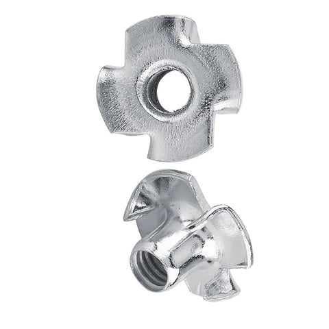 M6 Four Prong Tee Nuts for Woodworking, Heavy Duty Zinc Plated Carbon Steel Captive Nuts with Four Prongs, threaded opening visible