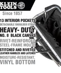 Deluxe 16 Inch Canvas Tool Bag With 13 Pockets And Detachable Shoulder Strap Large Heavy Duty Organizer For Tools Moisture Resistant Bottom Stitched Leather Handles Black text details