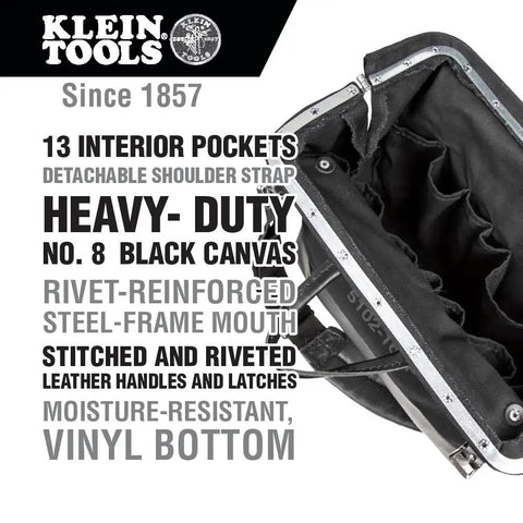 Deluxe 16 Inch Canvas Tool Bag With 13 Pockets And Detachable Shoulder Strap Large Heavy Duty Organizer For Tools Moisture Resistant Bottom Stitched Leather Handles Black text details