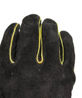 Heavy Duty Leather Welding Gloves With Extra Long Gauntlets For Extreme Heat Protection And Fireproof Work Safety In Your Shop - close-up view showing front with yellow stitching.