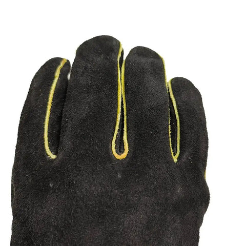 Heavy Duty Leather Welding Gloves With Extra Long Gauntlets For Extreme Heat Protection And Fireproof Work Safety In Your Shop - close-up view showing front with yellow stitching.