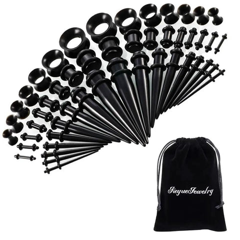 All In One Ear Stretch Kit With 50 Pieces Of Acrylic Tapers And Plugs From 14G To 00G Plus Silicone Tunnels For Gauges And Expander Sets Black Body Jewelry For Everyday Wear