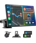 Universal 7 Inch HD CarPlay Screen With Wireless CarPlay And Android Auto showing GPS and music interface, includes backup camera