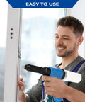 Man using Heavy Duty Pneumatic Rivet Gun With 4000 LBF Pulling Power for installing rivets on a window frame