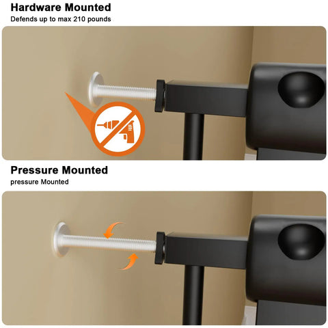 Illustration of two mounting methods for Extra Wide Baby Gate For Stairs And Doorways Fits 34 To 38.5 Inches Wide With Pressure Mount