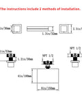 Technical diagram of Waterfall Wall Mount Bathroom Faucet with installation measurements and methods.
