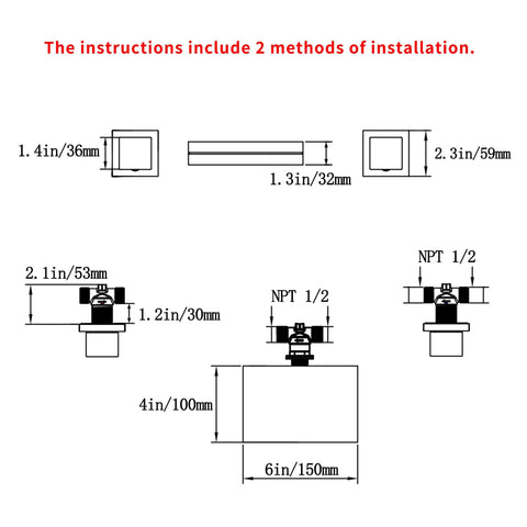 Technical diagram of Waterfall Wall Mount Bathroom Faucet with installation measurements and methods.