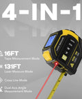 4 In 1 Laser Tape Measure All In One With 131Ft Laser Distance Meter 16Ft AutoLock Tape Cross Line Laser Level Pro Grade Dual Axis Electronic Angle LCD Display Built For DIY And Construction Projects showing laser and tape modes