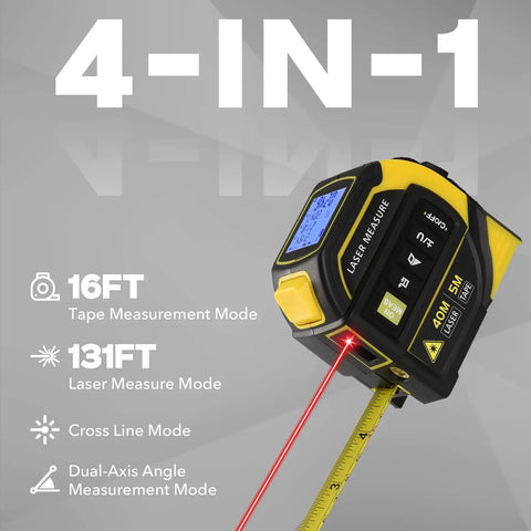4 In 1 Laser Tape Measure All In One With 131Ft Laser Distance Meter 16Ft AutoLock Tape Cross Line Laser Level Pro Grade Dual Axis Electronic Angle LCD Display Built For DIY And Construction Projects showing laser and tape modes