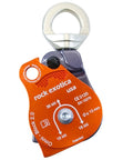 Omni-Block 2.0 Orange Swivel Pulley For Climbing And Rigging Systems, showing 36kN MBS, 13mm capacity, USA-made.