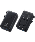 Black Nano Travel Adapter 5 Port World Travel Charger With 1 AC Outlet 2 USB A 2 USB C 20W Total Output, front and back view.