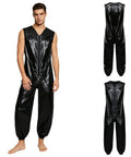 Heavy Duty Men Oil Repellent Spray Painting Coveralls With Wicked Stretch Zip Up Sleeveless Mechanic Jumpsuit In Sleek Black.