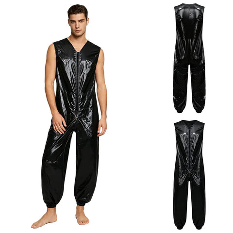 Heavy Duty Men Oil Repellent Spray Painting Coveralls With Wicked Stretch Zip Up Sleeveless Mechanic Jumpsuit In Sleek Black.