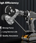 Front view: cordless drill with sheet metal cutting attachment for iron, aluminum, copper plates